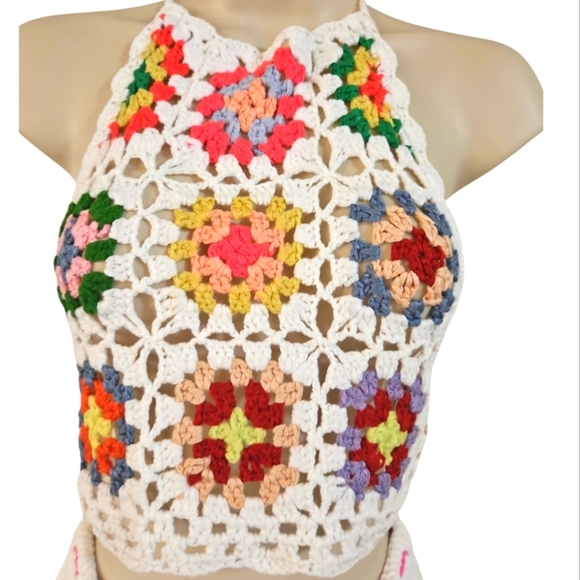 Handmade Crochet Halter Top Granny Square Floral Multicored Boho Bikini Top - Picture 5 of 17